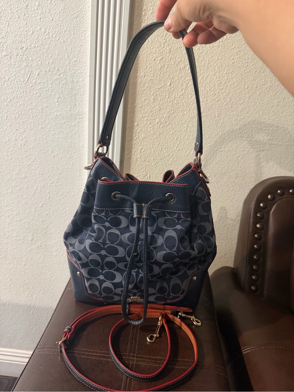 Coach Navy Signature Drawstring Shoulder Bag with Red Trim